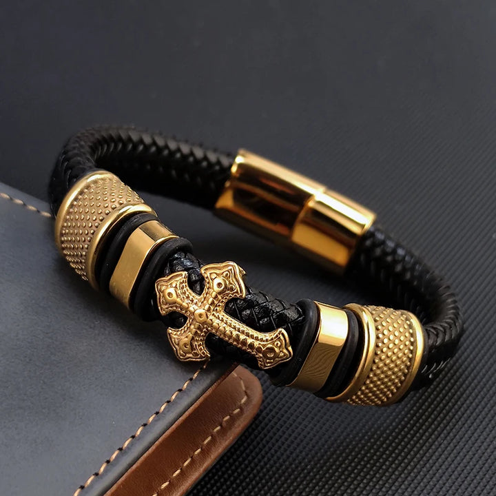 Faith Steel Cross Leather Bracelet